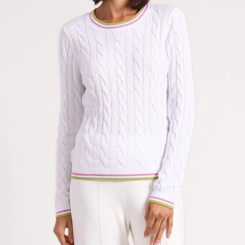 Minnie Rose Sporty Crew Neck Sweater – White/Raspberry/Lime