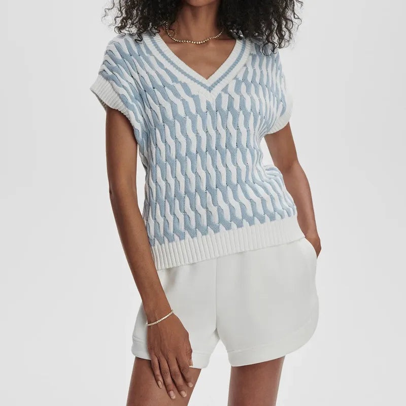 Varley Alfie Cable Knit Vest – White/Celestial Blue
