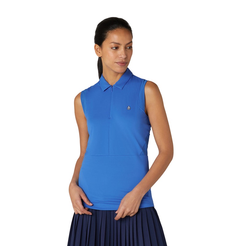 Original Penguin Women’s Sleeveless Zip-Neck Polo with Mesh Panels in Nebulas Blue