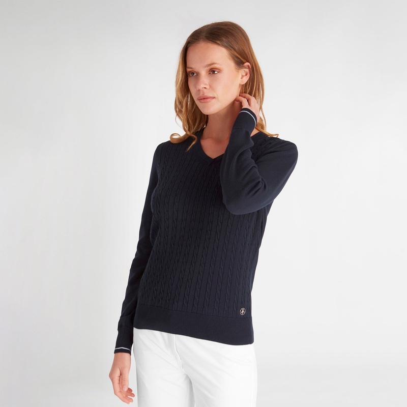 Green Lamb Ladies Navy Cable Knit V-Neck Sweater – Last One Size 8 Only Left