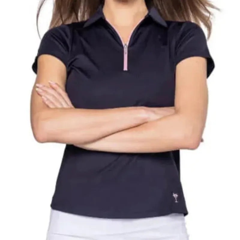 Golftini S/S Zip Tech Polo – Navy/Light Pink