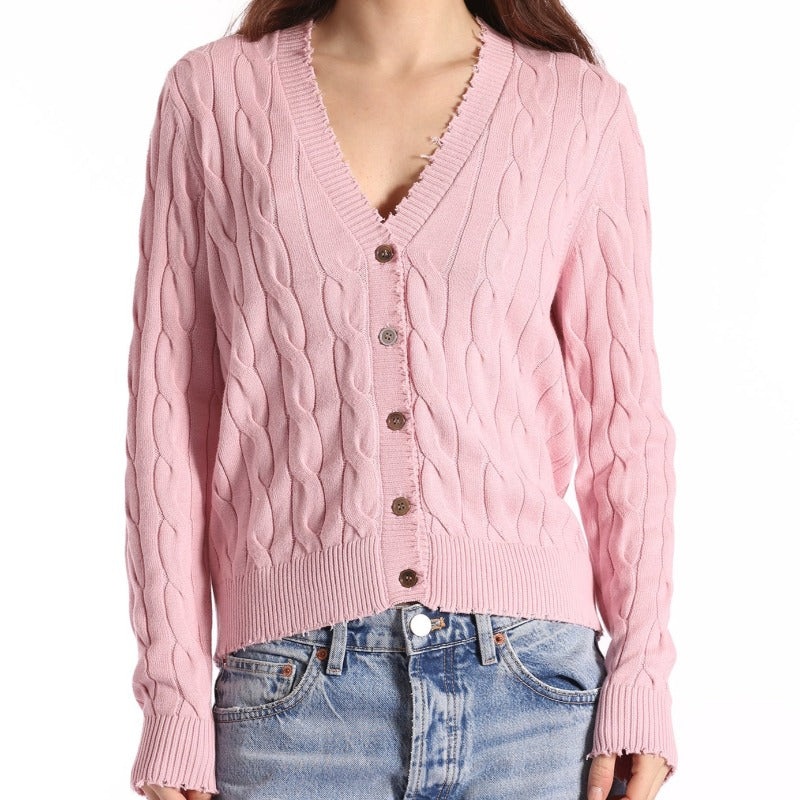 Minnie Rose Frayed Cable Cardigan – Pink Pearl