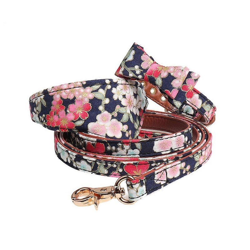 Cherry Blossom Bowknot Collar Triangular Bandana Pet Accessories Set with Leash and Traction Rope for Dogs