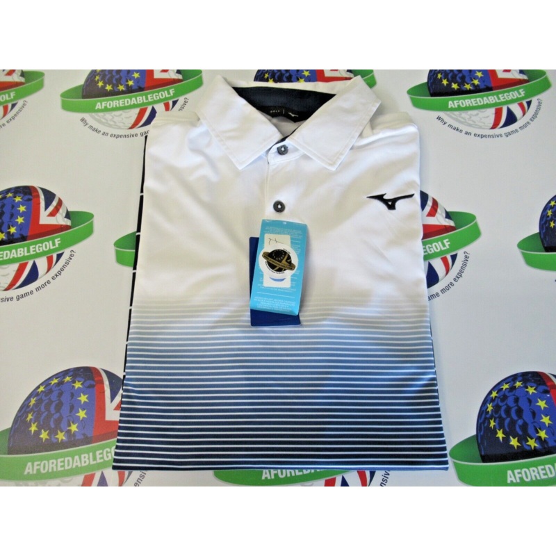 Mizuno Quick Dry Mirage Polo Shirt White/Multi Blue Stripe UK Size Medium