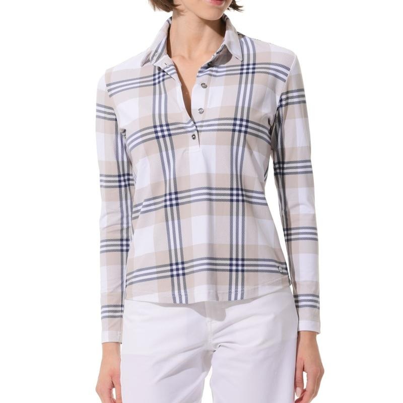 MDC Check Print L/S Polo – Taupe/White
