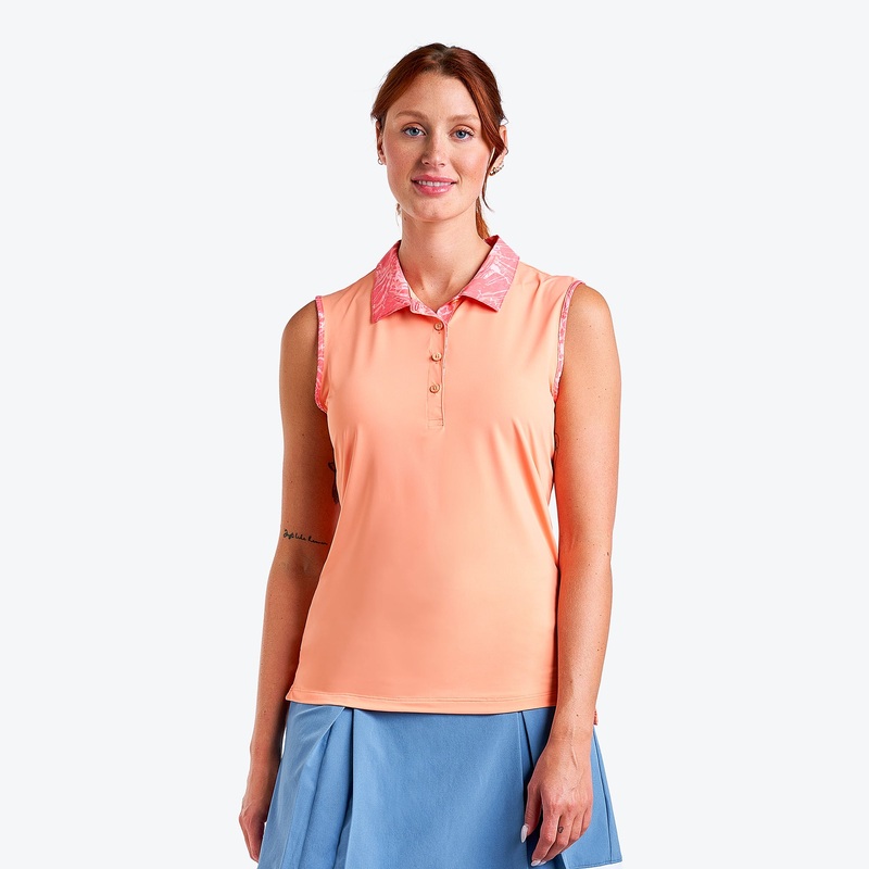 Nivo Ladies Sleeveless Polo in Mango with Tie Dye Collar