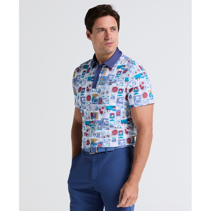 Men’s Petes Stamp Print Polo|White|Caribbean Sea|XS|S|M|L|XL|XXL