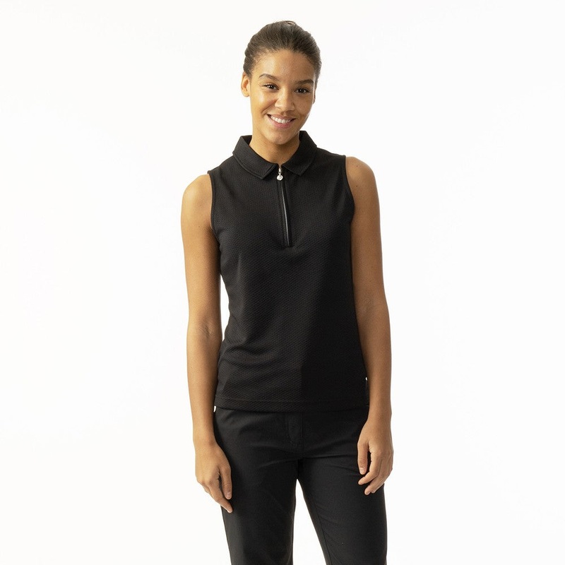 Daily Sports Honeycomb Structured Sleeveless Polo Shirt in Black
